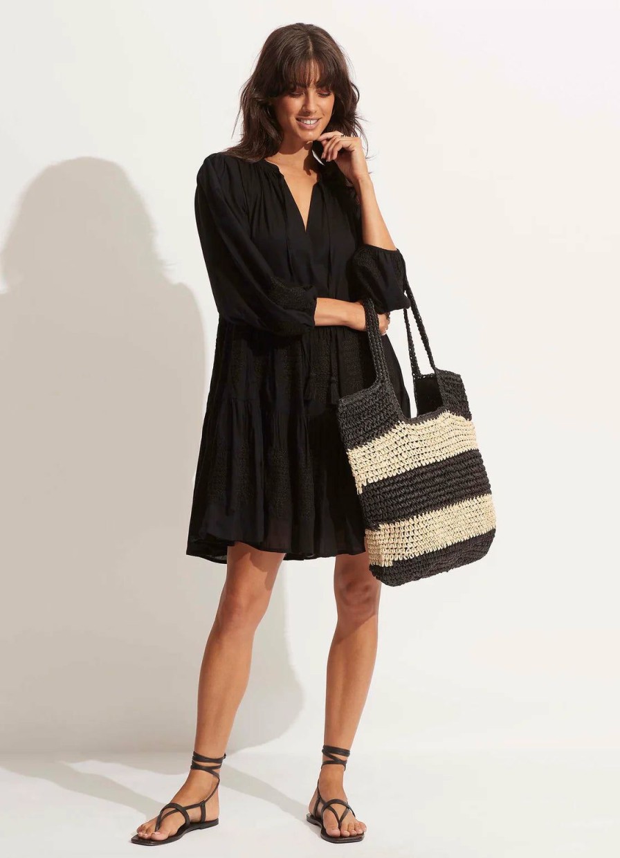 Accessories * | On Sale Seafolly Splice Woven Tote Black Natural