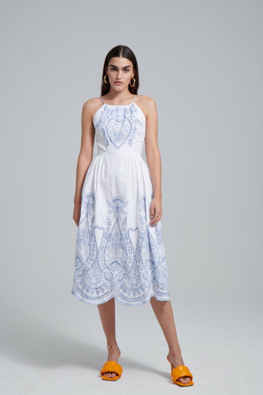 Women * | Limit Offer Love The Label Juliette Embroidered Dress White/Blue Eyelet