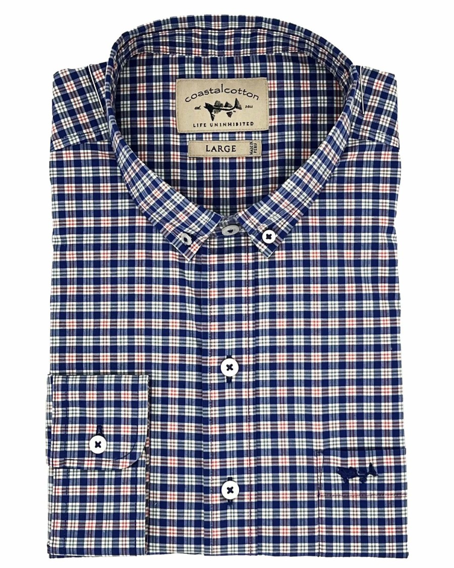 Men * | Sales Online Coastal Cotton Stretch Woven Long Sleeve Shirt Bay Blue Check