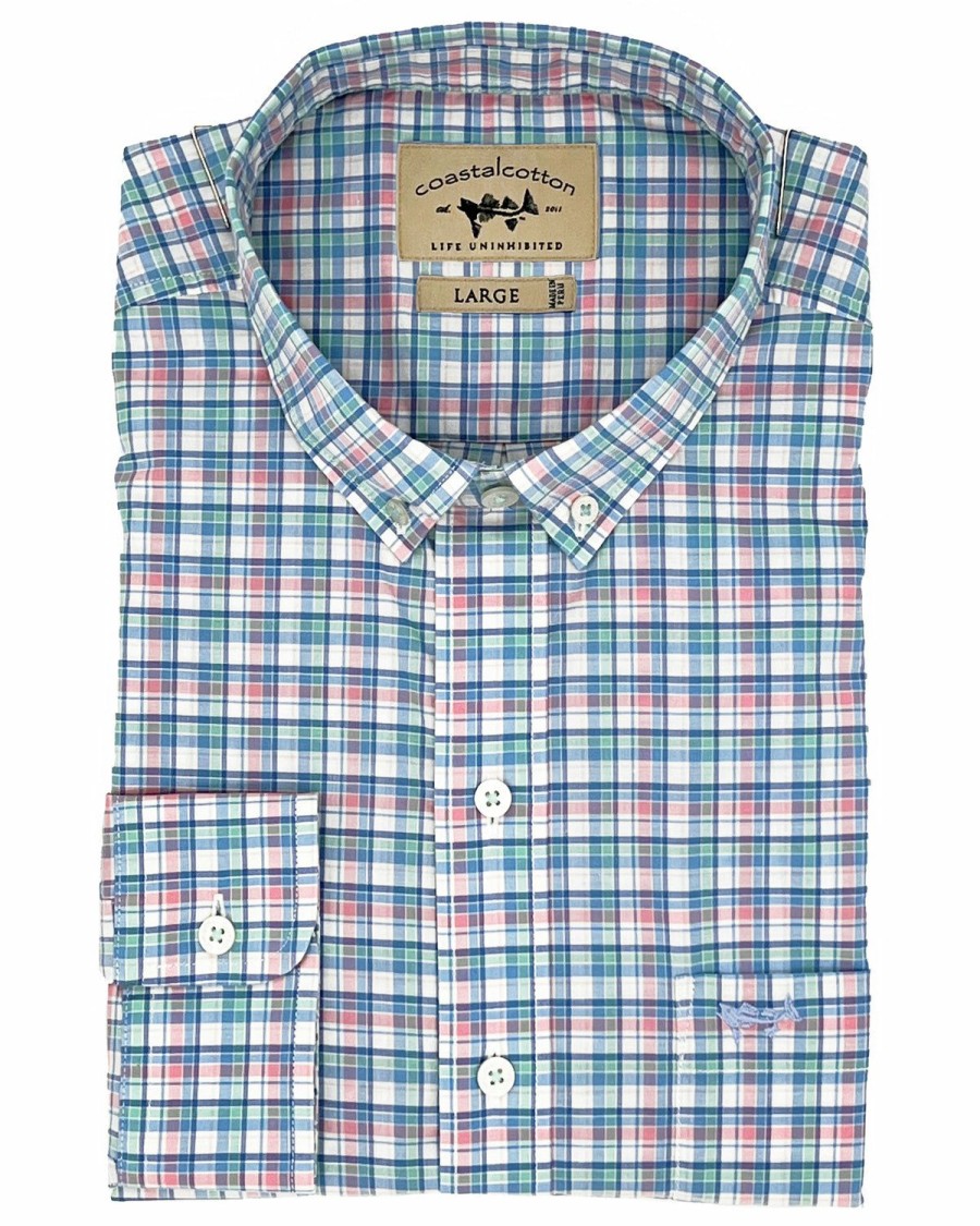 Men * | Discount Online Coastal Cotton Stretch Woven Long Sleeve Shirt Spring Plaid